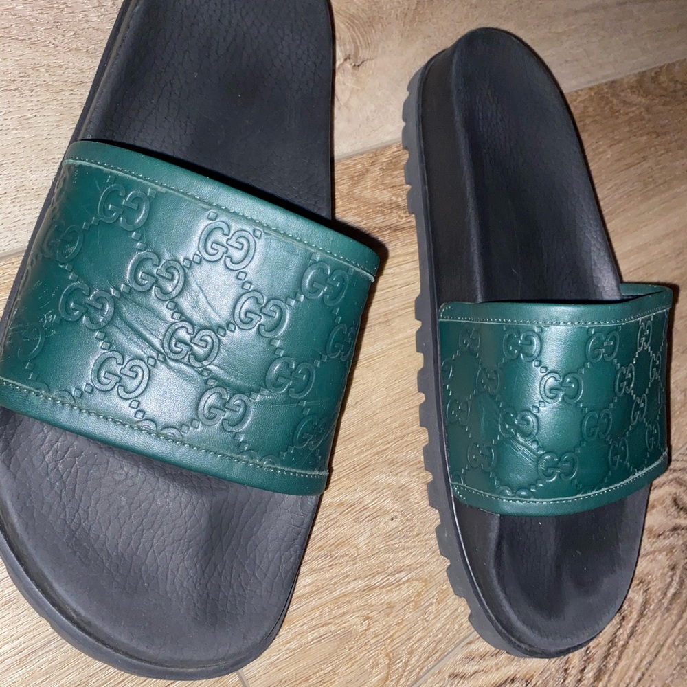Gucci Green and Black Leather Slides 12 with box